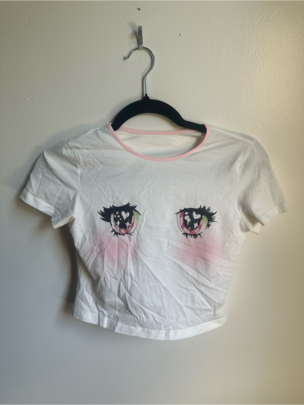 White Crop Top with Pink Kawaii Anime Eye Graphic